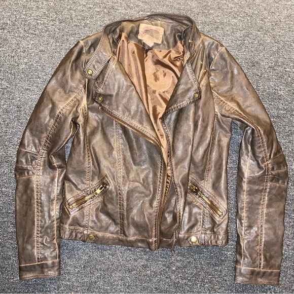 Brown Zipper Collared Leather Jacket - Picture 1 of 4